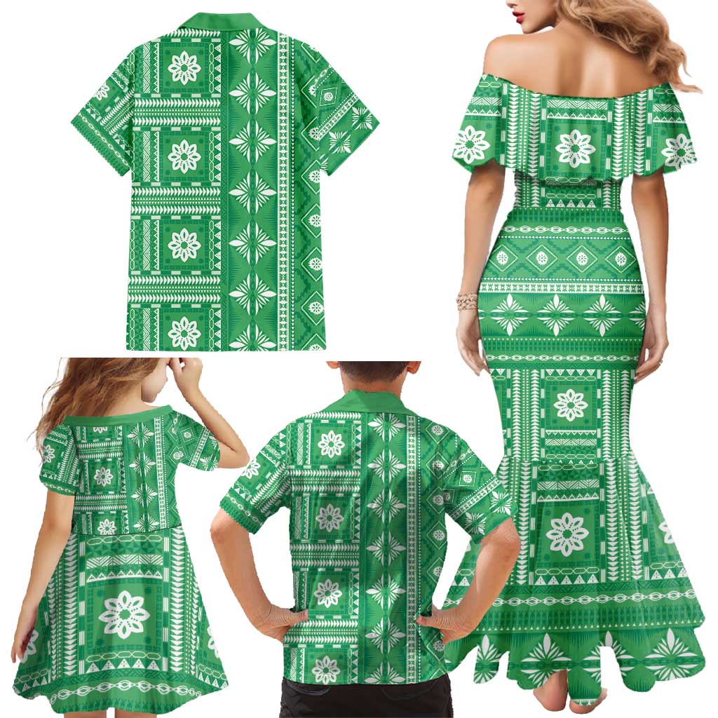 Fiji Masi All Green Family Matching Mermaid Dress and Hawaiian Shirt Tapa Pattern - Polynesian Pride