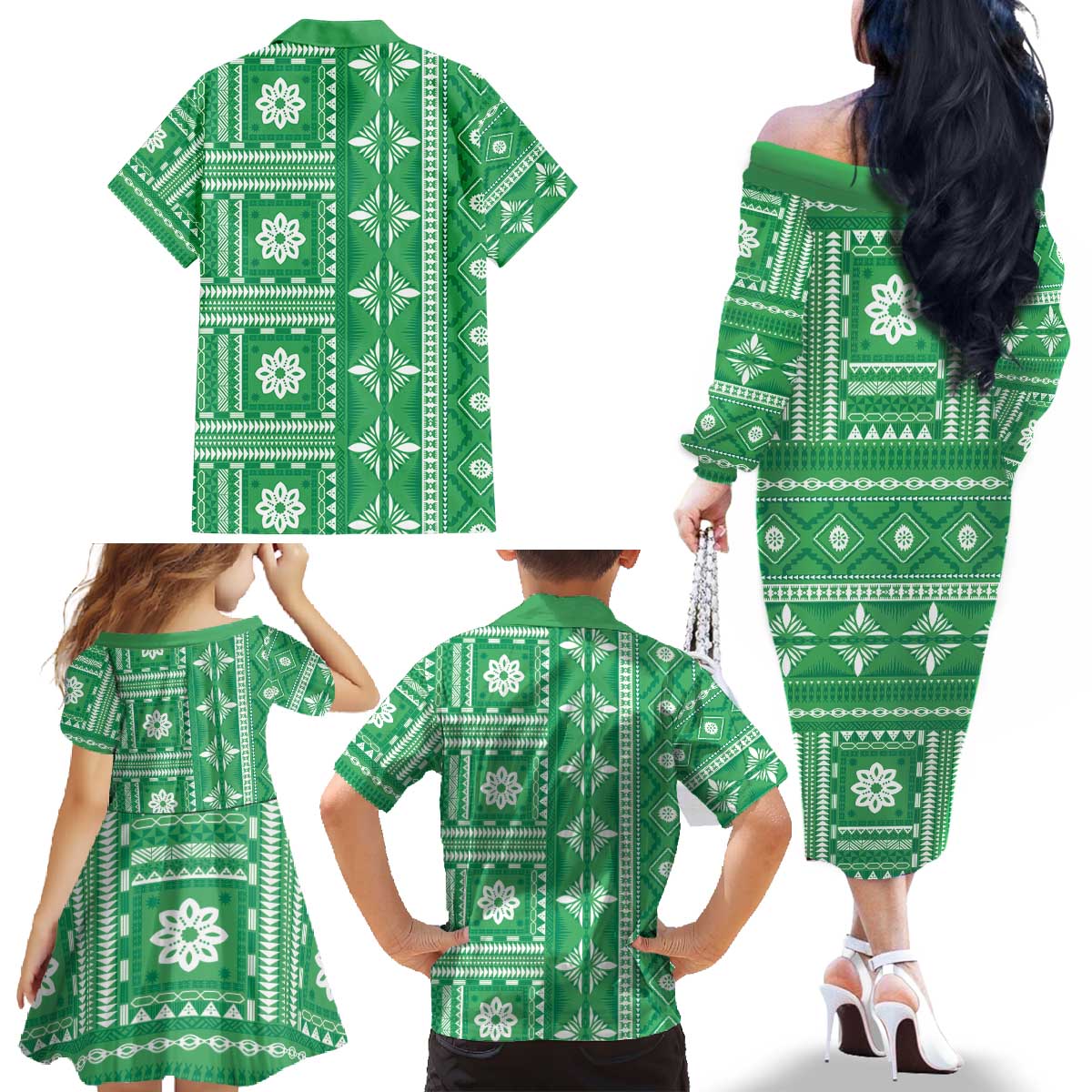 Fiji Masi All Green Family Matching Off The Shoulder Long Sleeve Dress and Hawaiian Shirt Tapa Pattern - Polynesian Pride