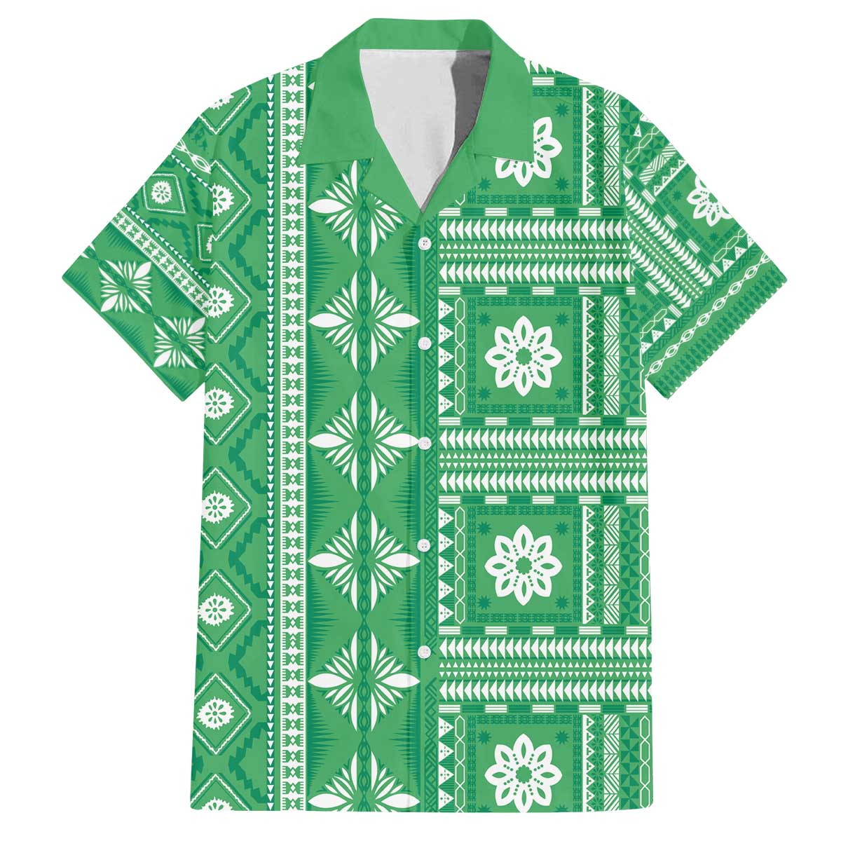 Fiji Masi All Green Family Matching Off The Shoulder Long Sleeve Dress and Hawaiian Shirt Tapa Pattern - Polynesian Pride
