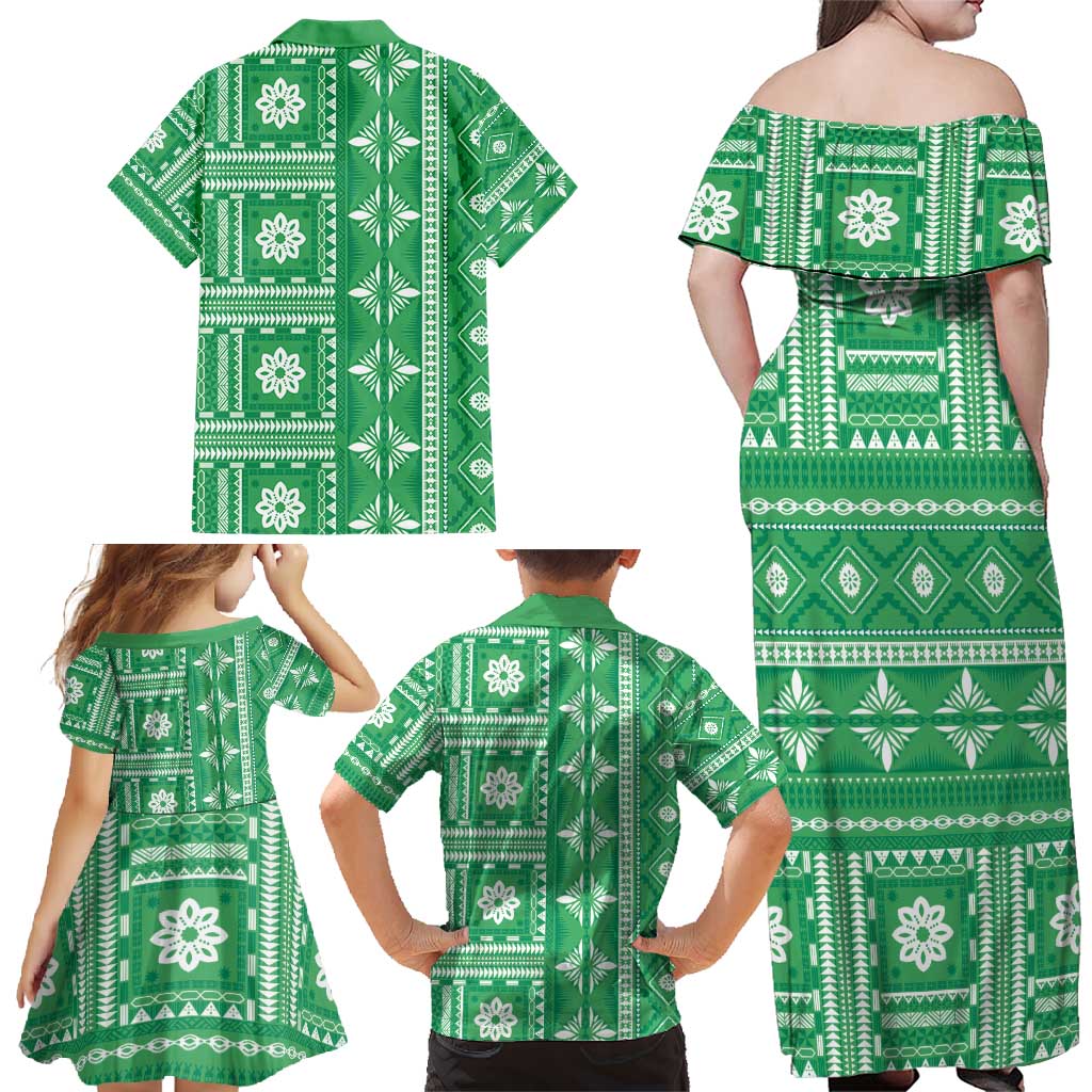 Fiji Masi All Green Family Matching Off Shoulder Maxi Dress and Hawaiian Shirt Tapa Pattern - Polynesian Pride