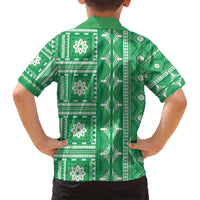 Fiji Masi All Green Family Matching Off Shoulder Short Dress and Hawaiian Shirt Tapa Pattern - Polynesian Pride