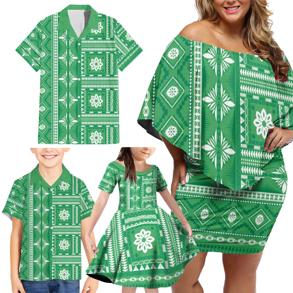 Fiji Masi All Green Family Matching Off Shoulder Short Dress and Hawaiian Shirt Tapa Pattern - Polynesian Pride