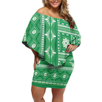 Fiji Masi All Green Family Matching Off Shoulder Short Dress and Hawaiian Shirt Tapa Pattern - Polynesian Pride