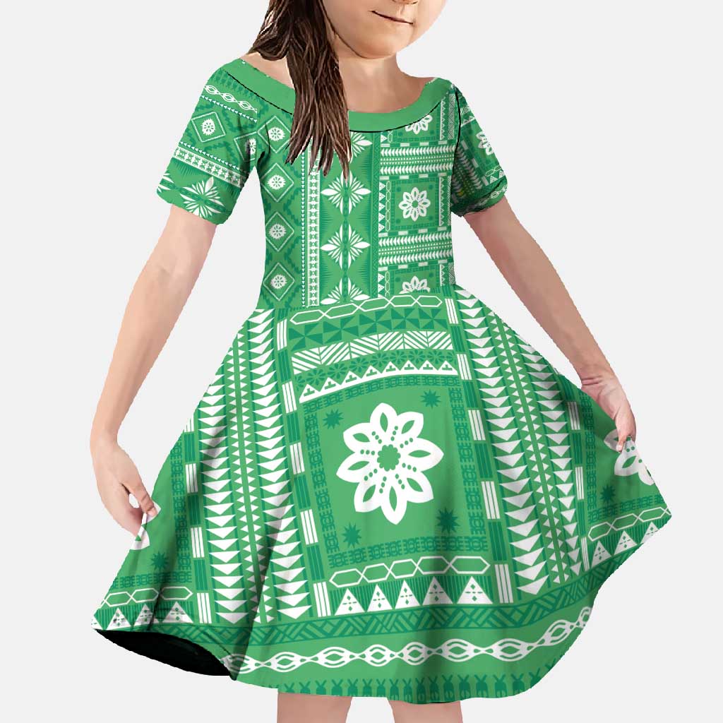 Fiji Masi All Green Family Matching Short Sleeve Bodycon Dress and Hawaiian Shirt Tapa Pattern - Polynesian Pride