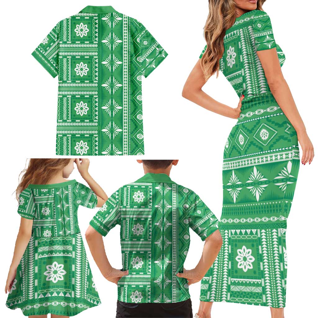 Fiji Masi All Green Family Matching Short Sleeve Bodycon Dress and Hawaiian Shirt Tapa Pattern - Polynesian Pride