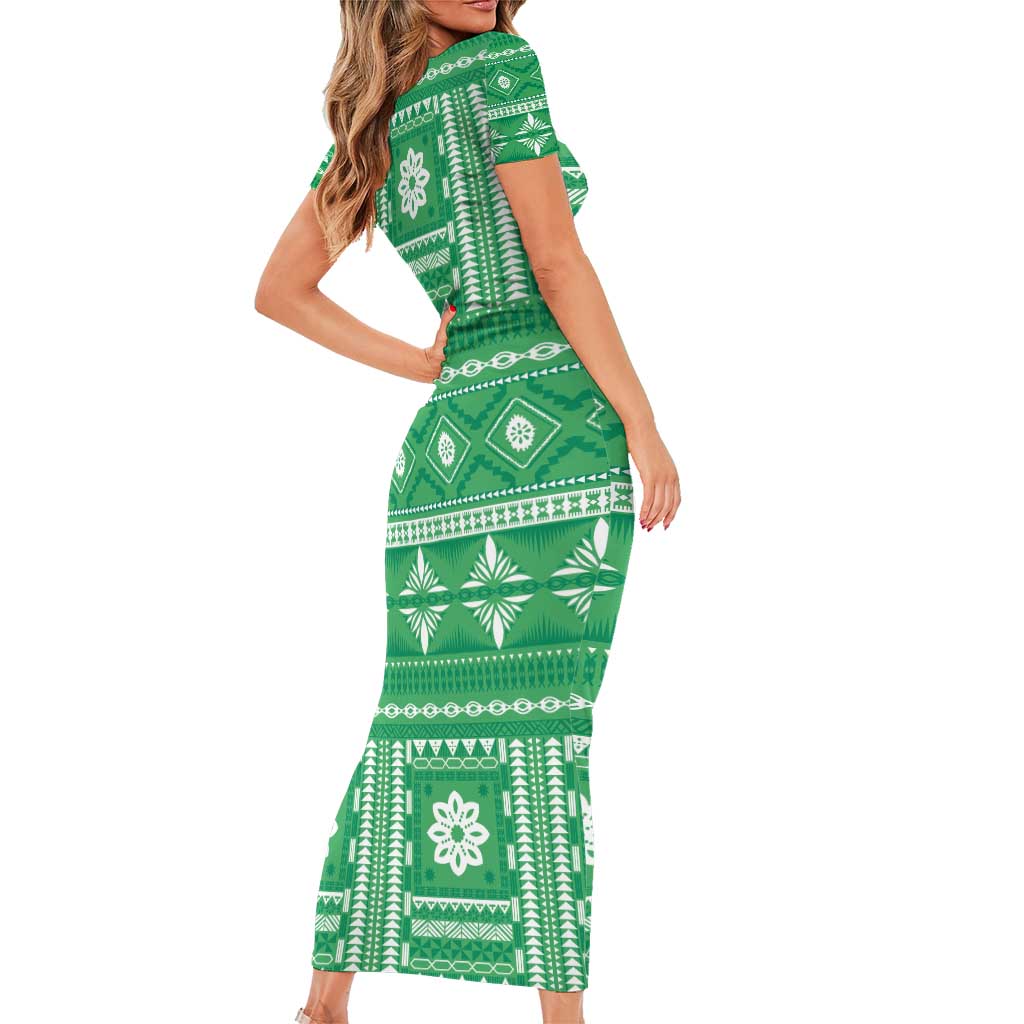 Fiji Masi All Green Family Matching Short Sleeve Bodycon Dress and Hawaiian Shirt Tapa Pattern - Polynesian Pride