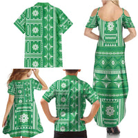 Fiji Masi All Green Family Matching Summer Maxi Dress and Hawaiian Shirt Tapa Pattern - Polynesian Pride