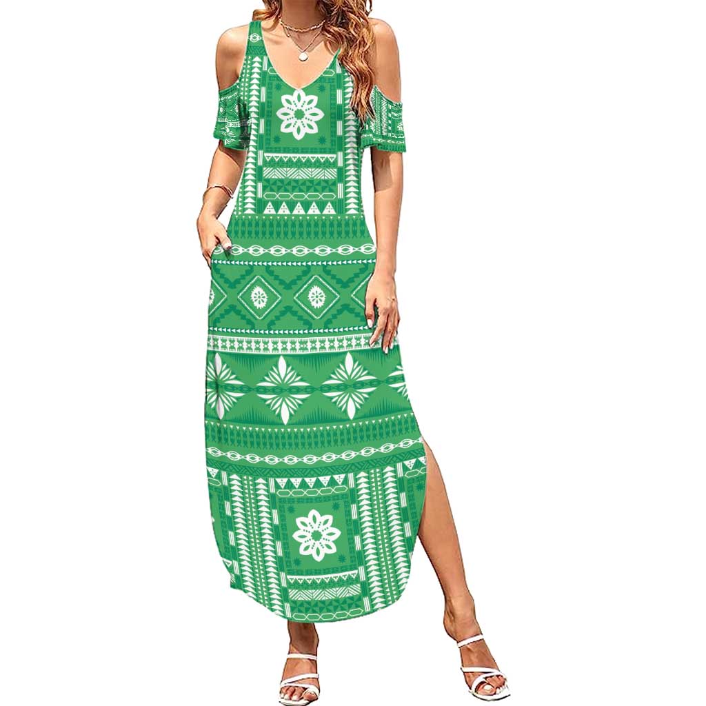 Fiji Masi All Green Family Matching Summer Maxi Dress and Hawaiian Shirt Tapa Pattern - Polynesian Pride