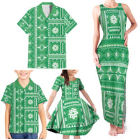 Fiji Masi All Green Family Matching Tank Maxi Dress and Hawaiian Shirt Tapa Pattern - Polynesian Pride