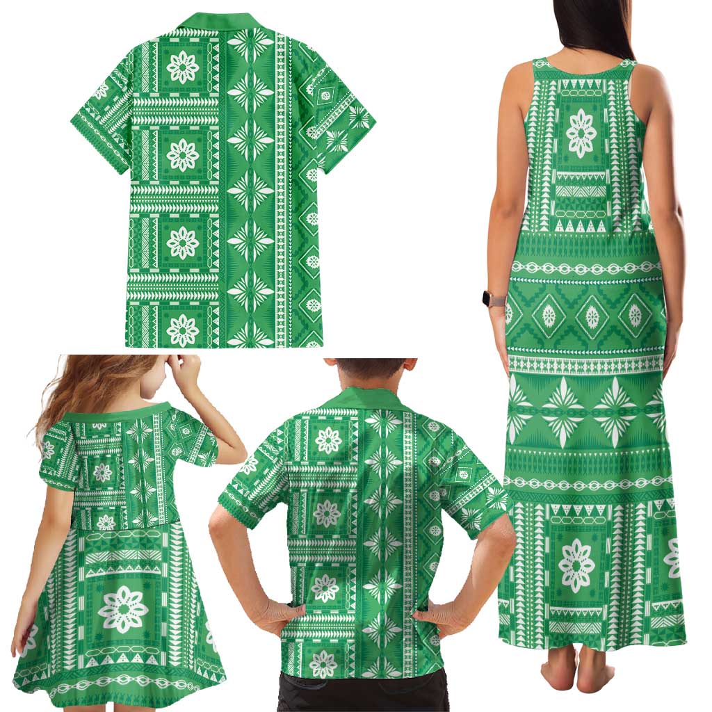 Fiji Masi All Green Family Matching Tank Maxi Dress and Hawaiian Shirt Tapa Pattern - Polynesian Pride