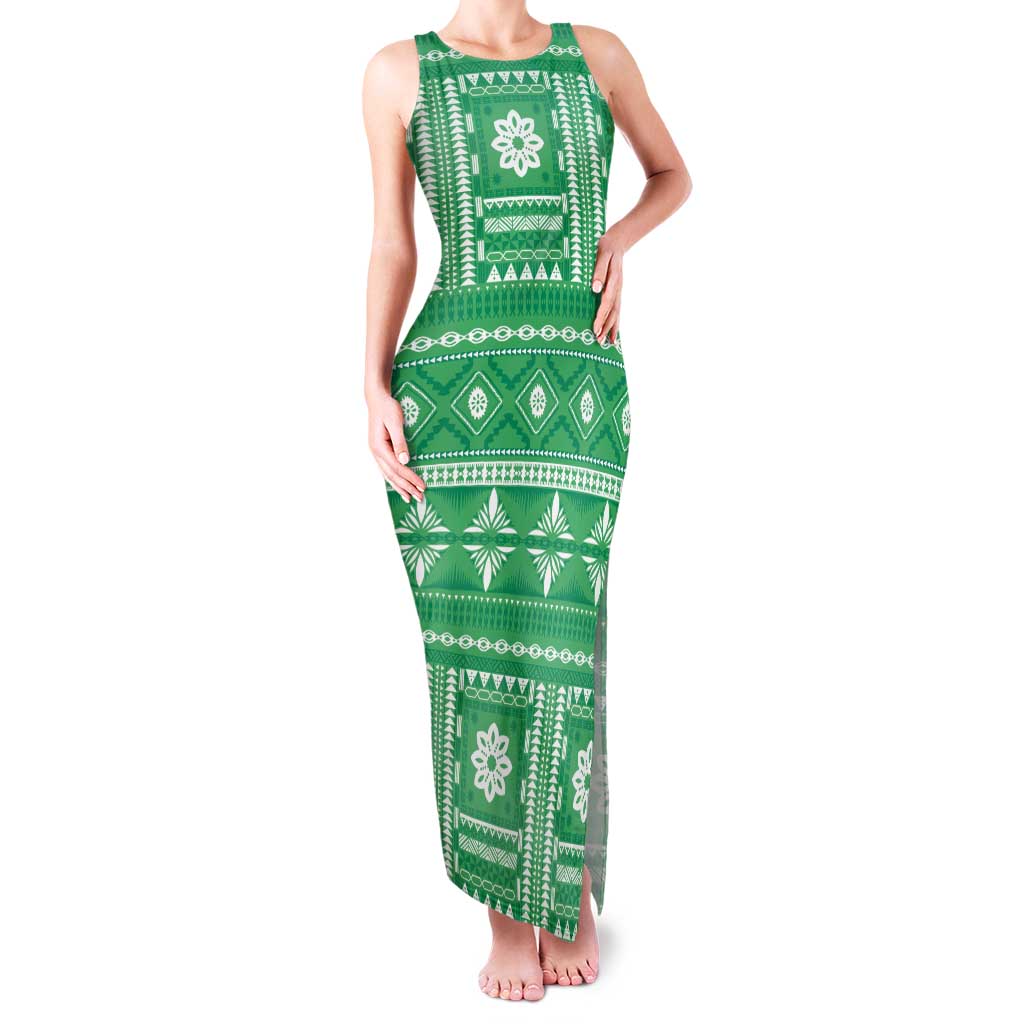 Fiji Masi All Green Family Matching Tank Maxi Dress and Hawaiian Shirt Tapa Pattern - Polynesian Pride