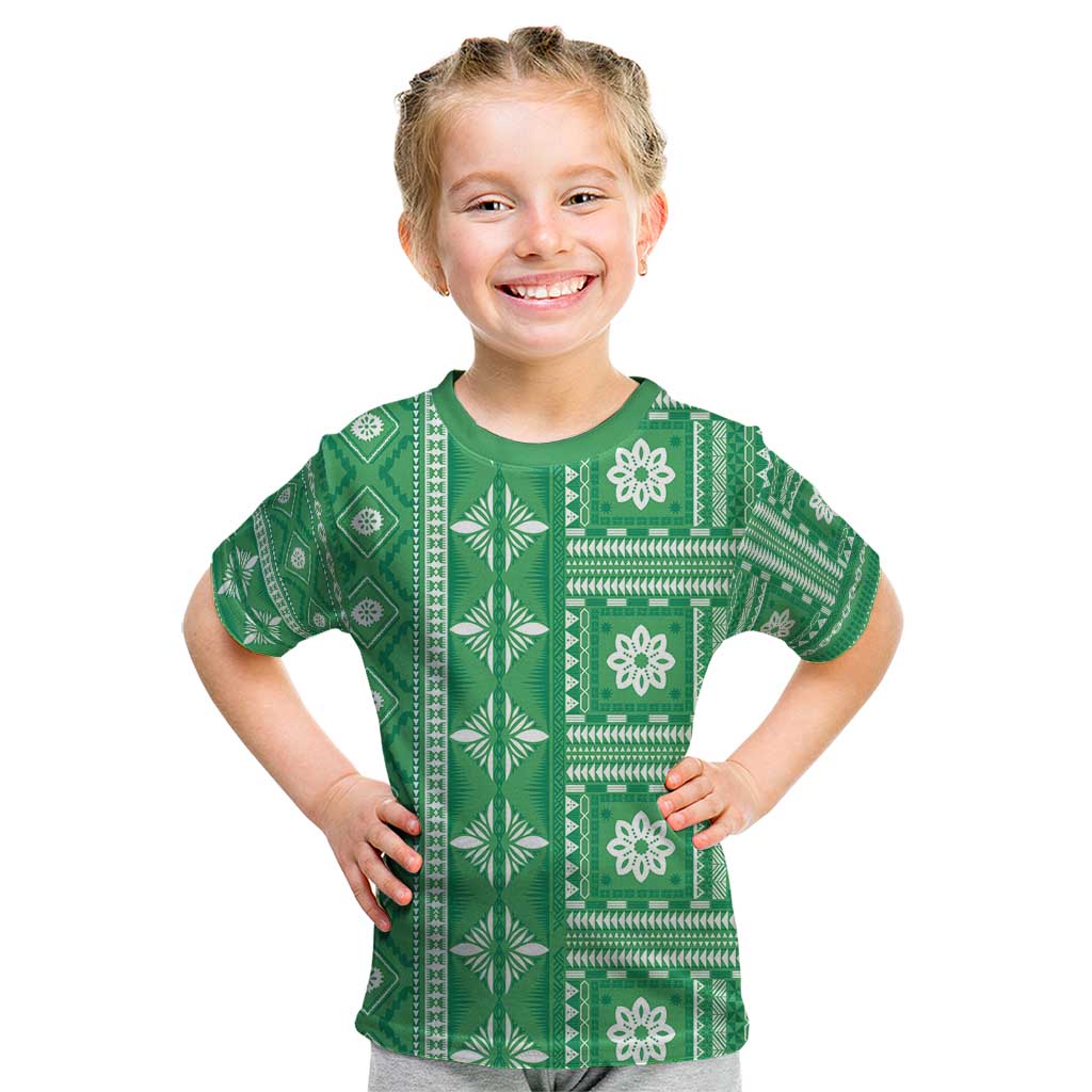 Fiji Masi All Green Kid T Shirt Tapa Pattern - Polynesian Pride