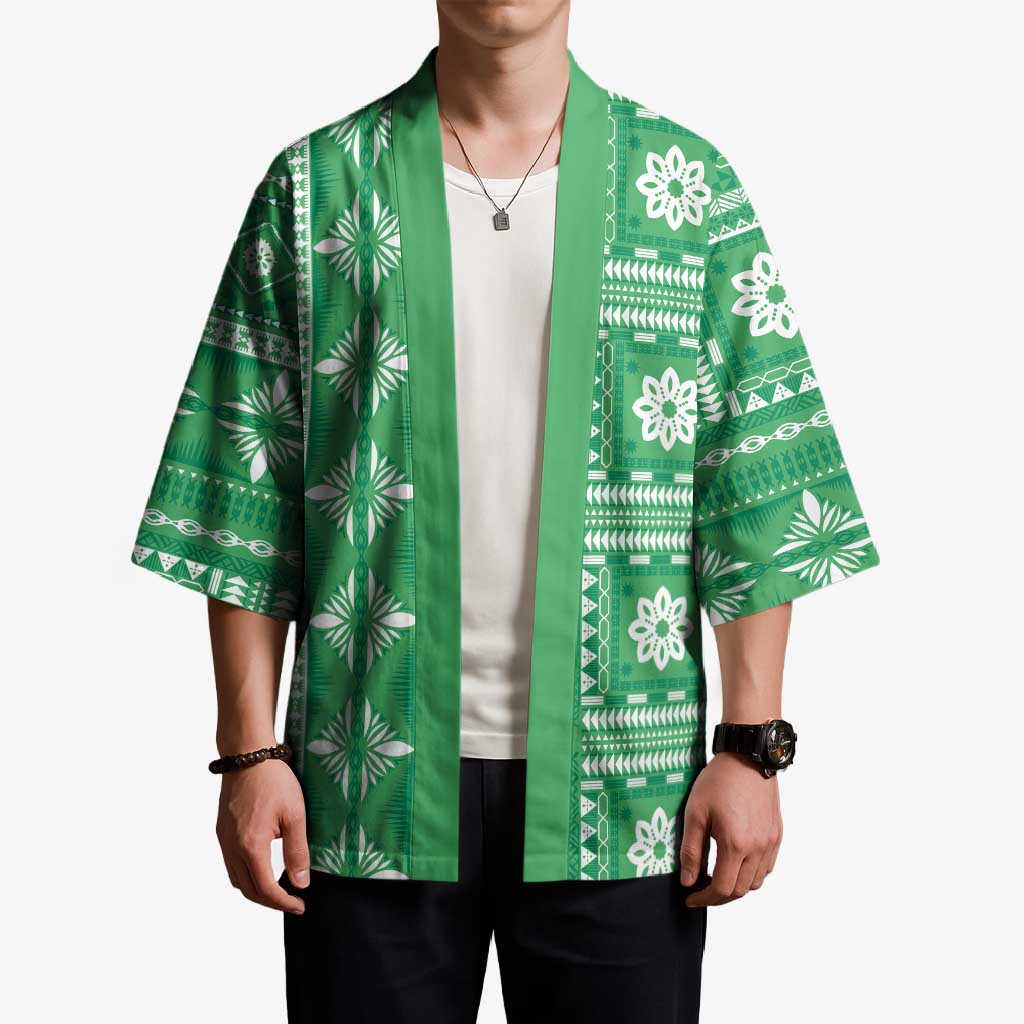 Fiji Masi All Green Kimono Tapa Pattern - Polynesian Pride