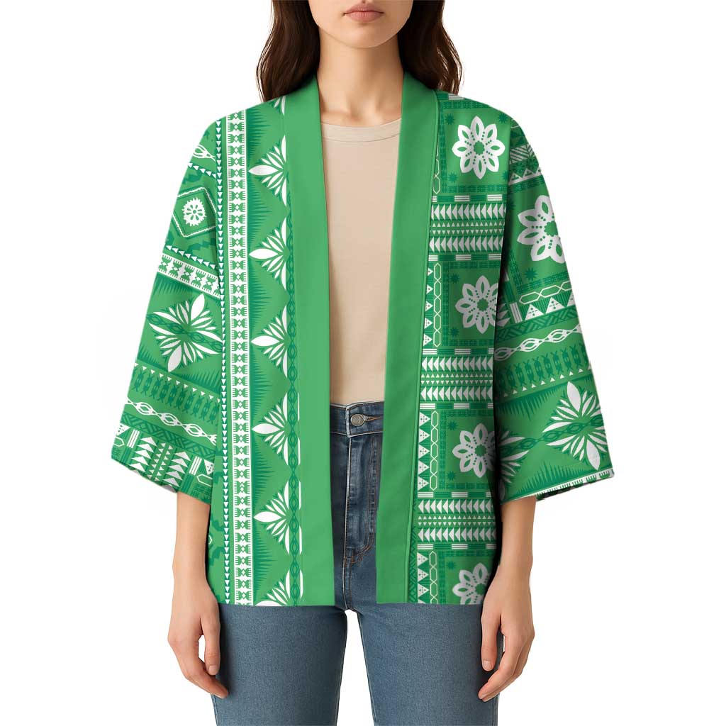 Fiji Masi All Green Kimono Tapa Pattern - Polynesian Pride