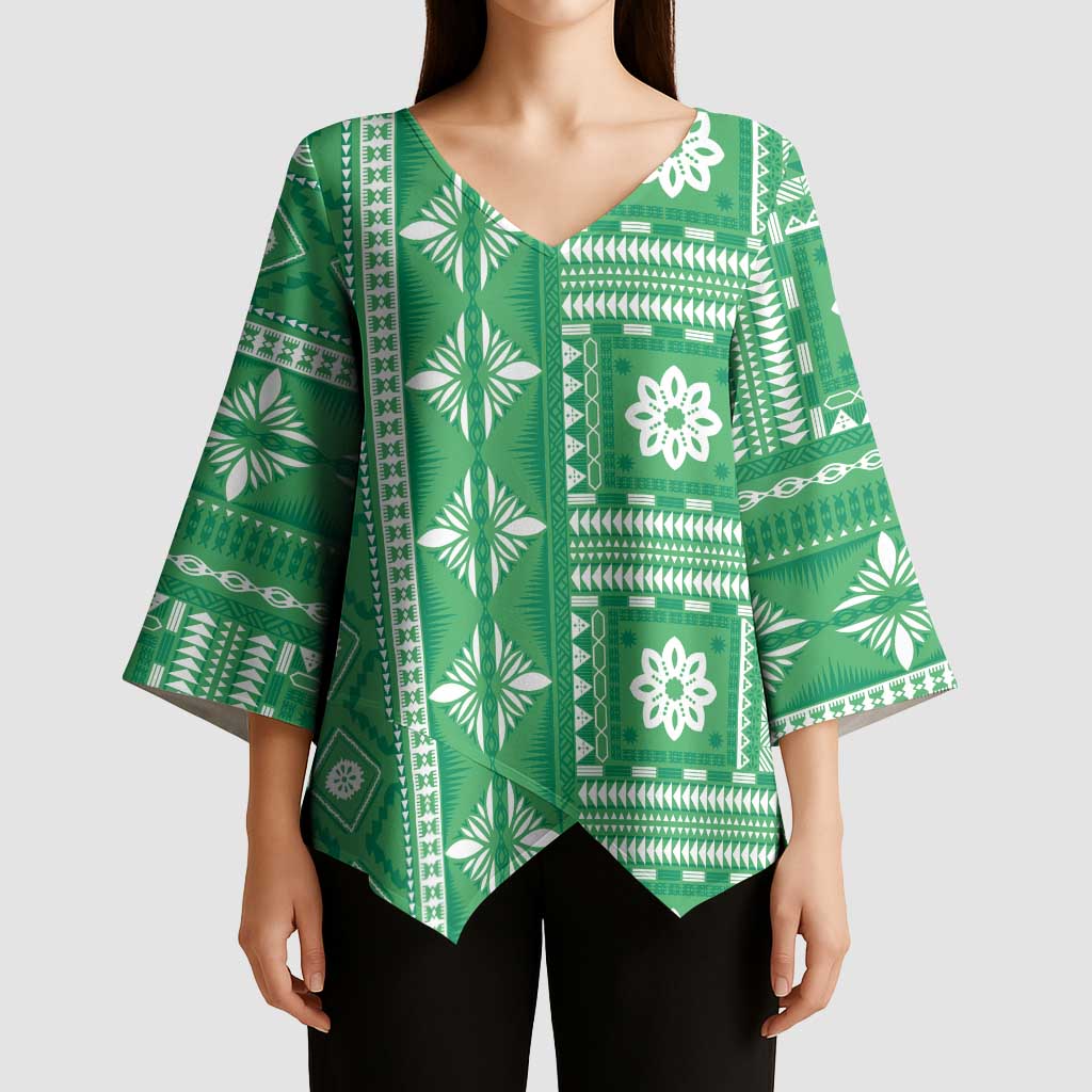 Fiji Masi All Green Kimono Sleeve Blouse Tapa Pattern - Polynesian Pride