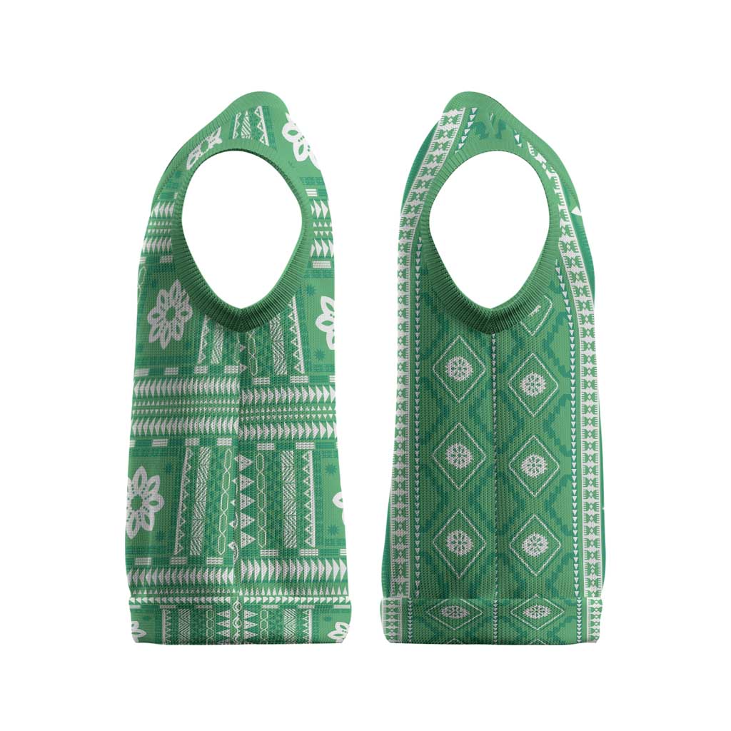 Fiji Masi All Green Christmas Knitted V-Neck Vest Tapa Pattern - Polynesian Pride