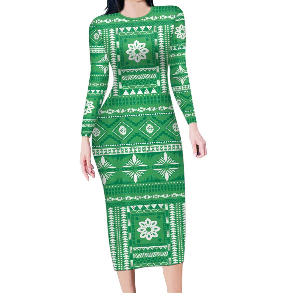 Fiji Masi All Green Long Sleeve Bodycon Dress Tapa Pattern - Polynesian Pride