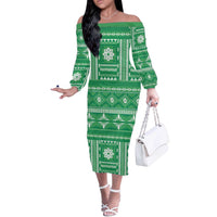 Fiji Masi All Green Off The Shoulder Long Sleeve Dress Tapa Pattern - Polynesian Pride