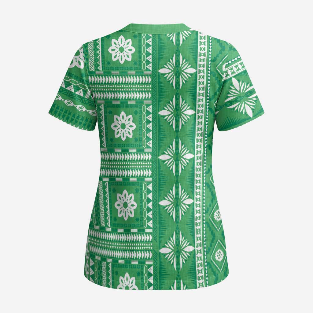 Fiji Masi All Green Scrub Top Tapa Pattern - Polynesian Pride