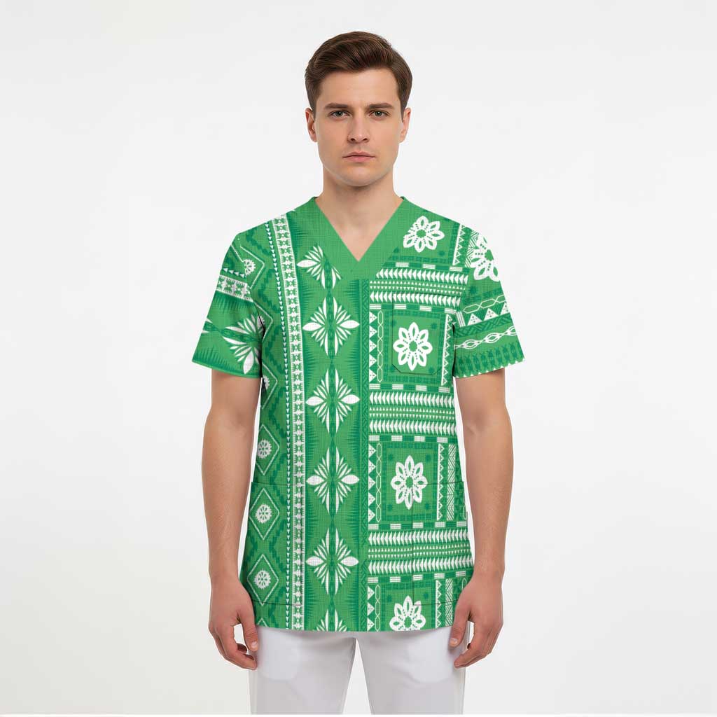 Fiji Masi All Green Scrub Top Tapa Pattern - Polynesian Pride