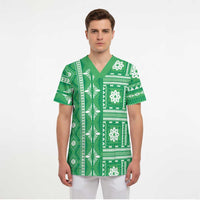 Fiji Masi All Green Scrub Top Tapa Pattern - Polynesian Pride