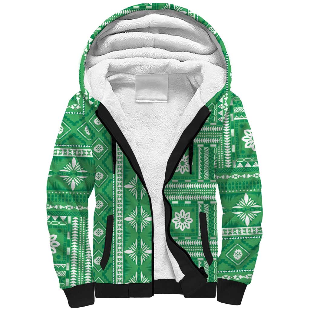 Fiji Masi All Green Sherpa Hoodie Tapa Pattern - Polynesian Pride