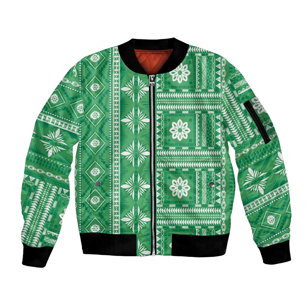 Fiji Masi All Green Sleeve Zip Bomber Jacket Tapa Pattern - Polynesian Pride