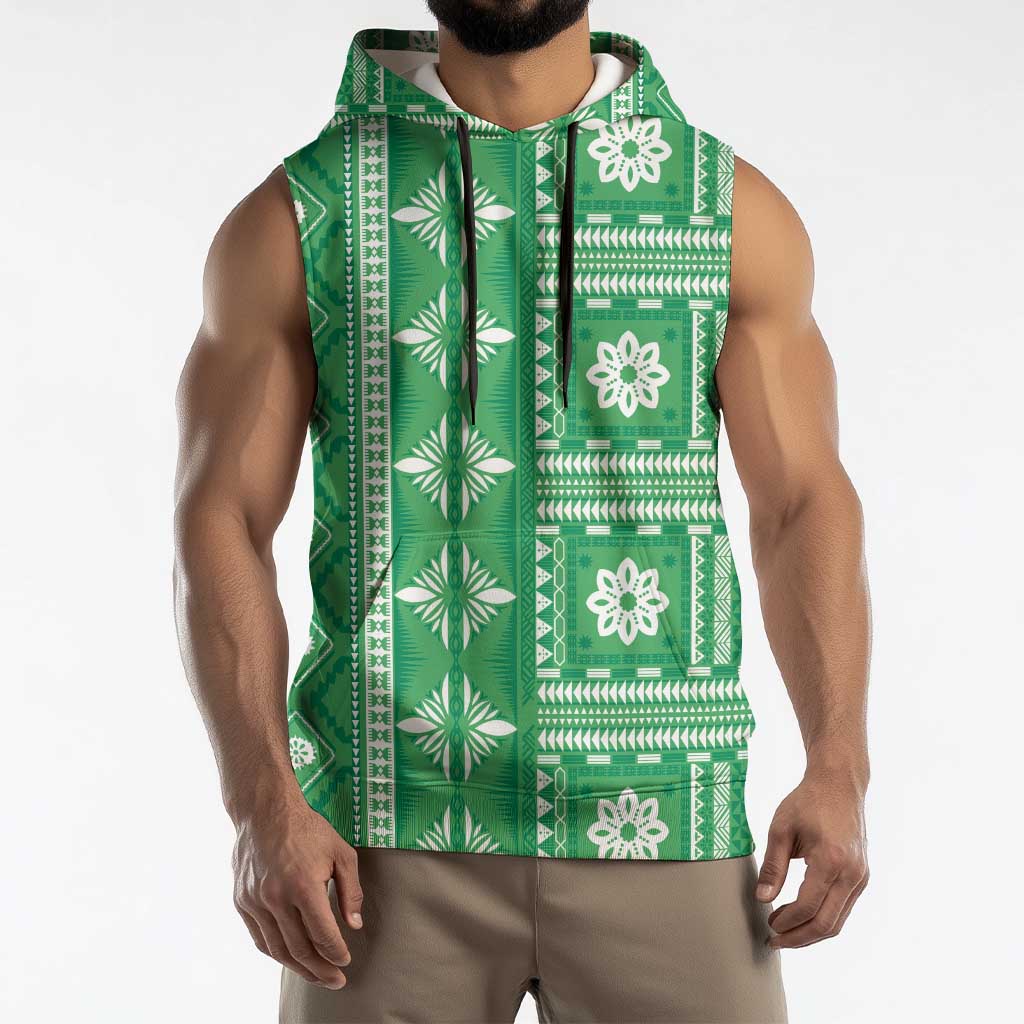 Fiji Masi All Green Sleeveless Hoodie Tapa Pattern - Polynesian Pride