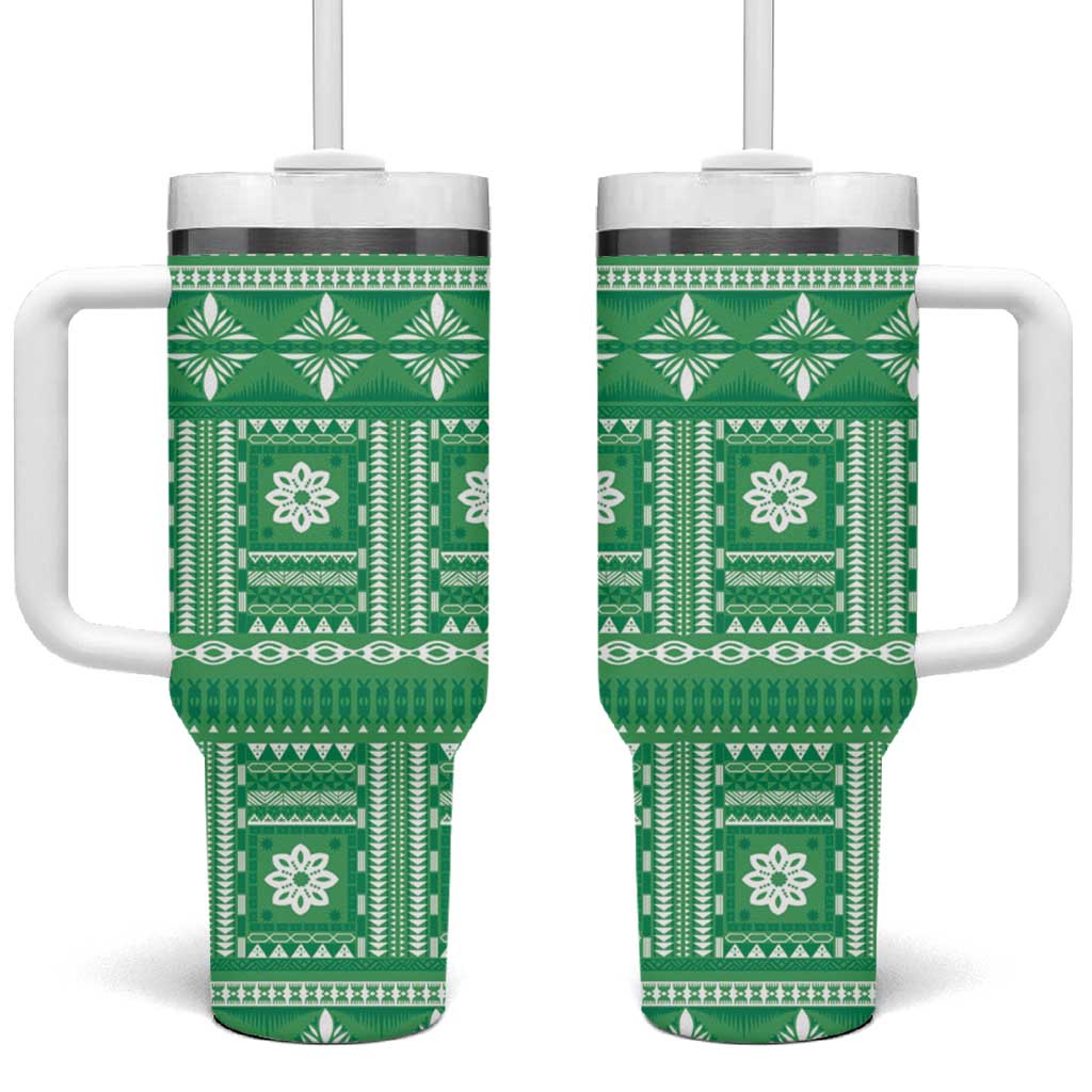 Fiji Masi All Green Tumbler With Handle Tapa Pattern - Polynesian Pride