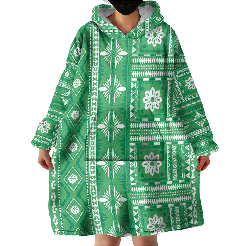Fiji Masi All Green Wearable Blanket Hoodie Tapa Pattern - Polynesian Pride
