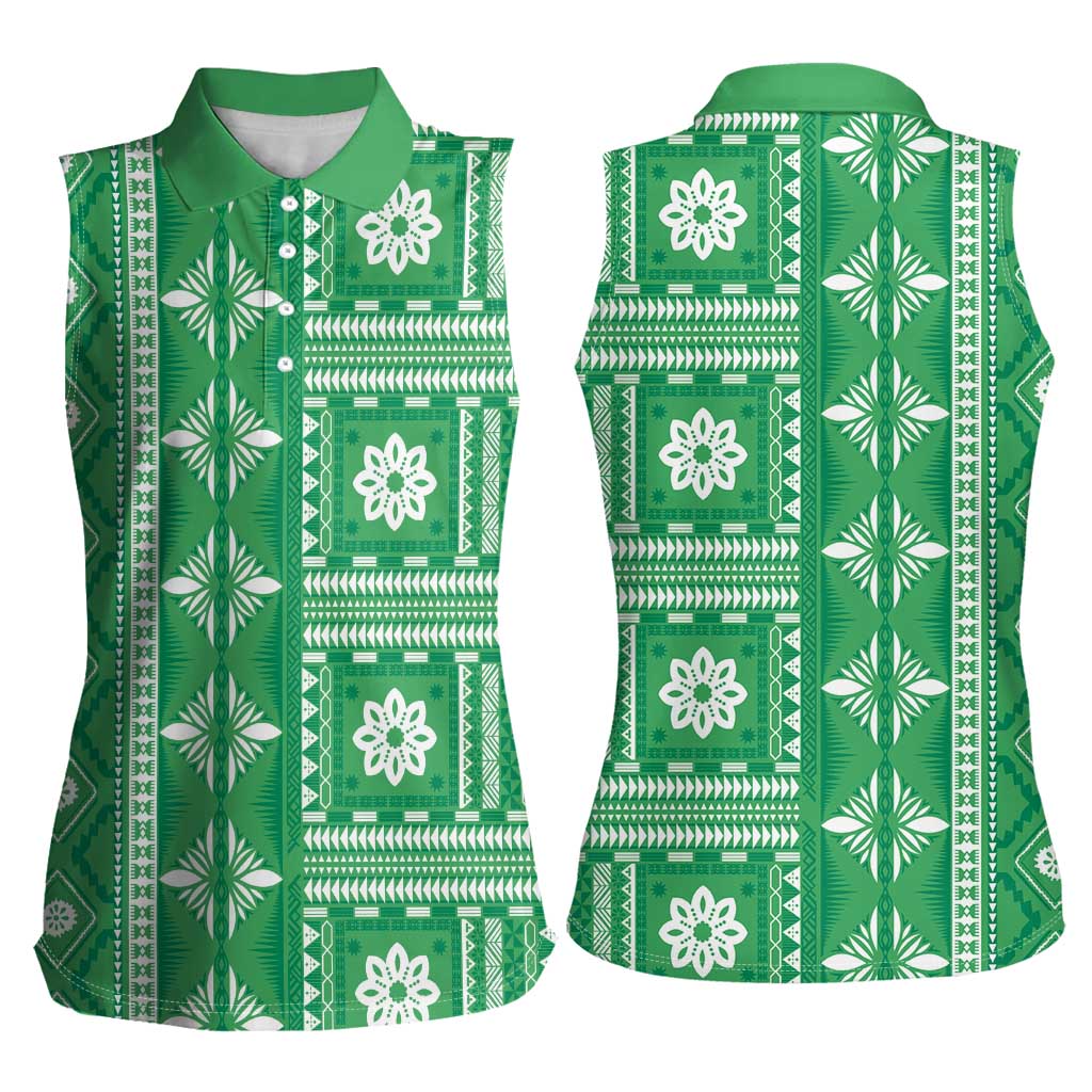 Fiji Masi All Green Women Sleeveless Polo Shirt Tapa Pattern - Polynesian Pride