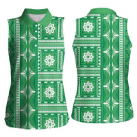 Fiji Masi All Green Women Sleeveless Polo Shirt Tapa Pattern - Polynesian Pride