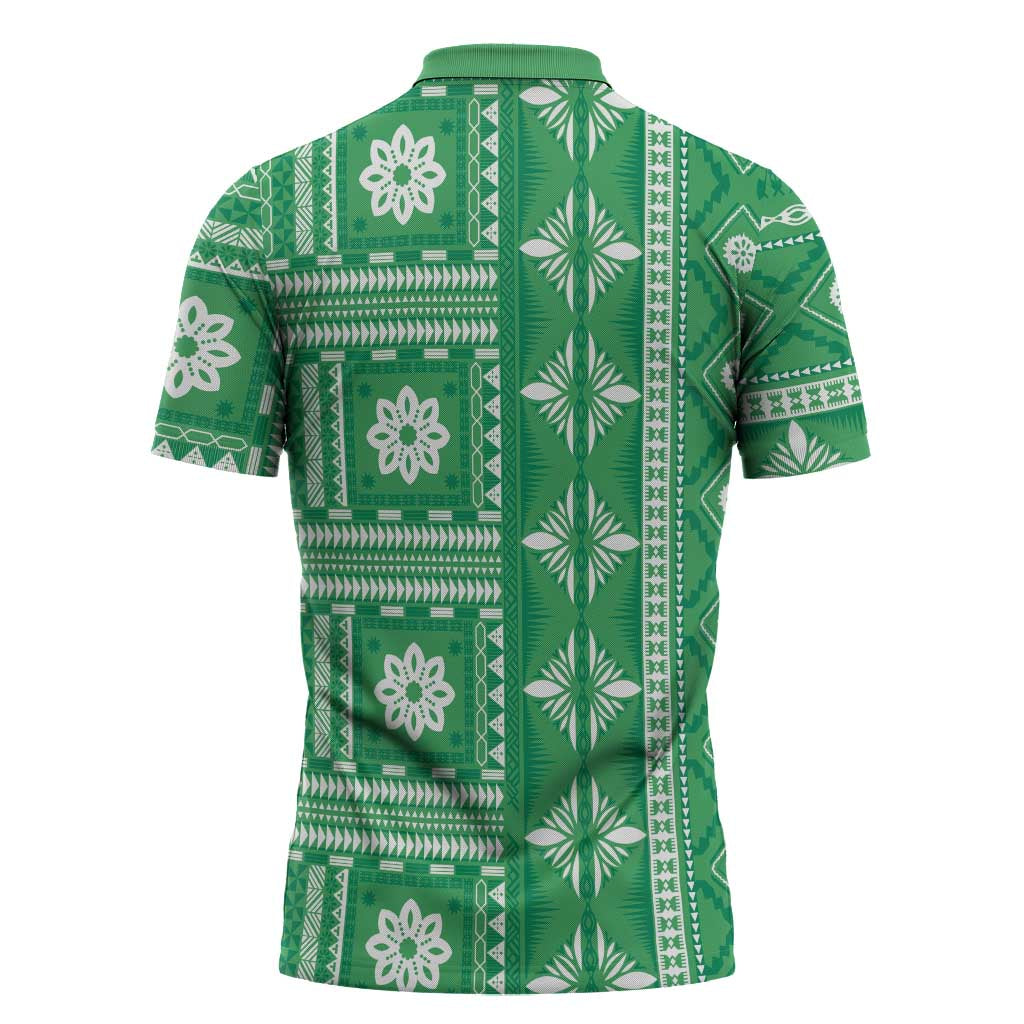 Fiji Masi All Green Zipper Polo Shirt Tapa Pattern - Polynesian Pride
