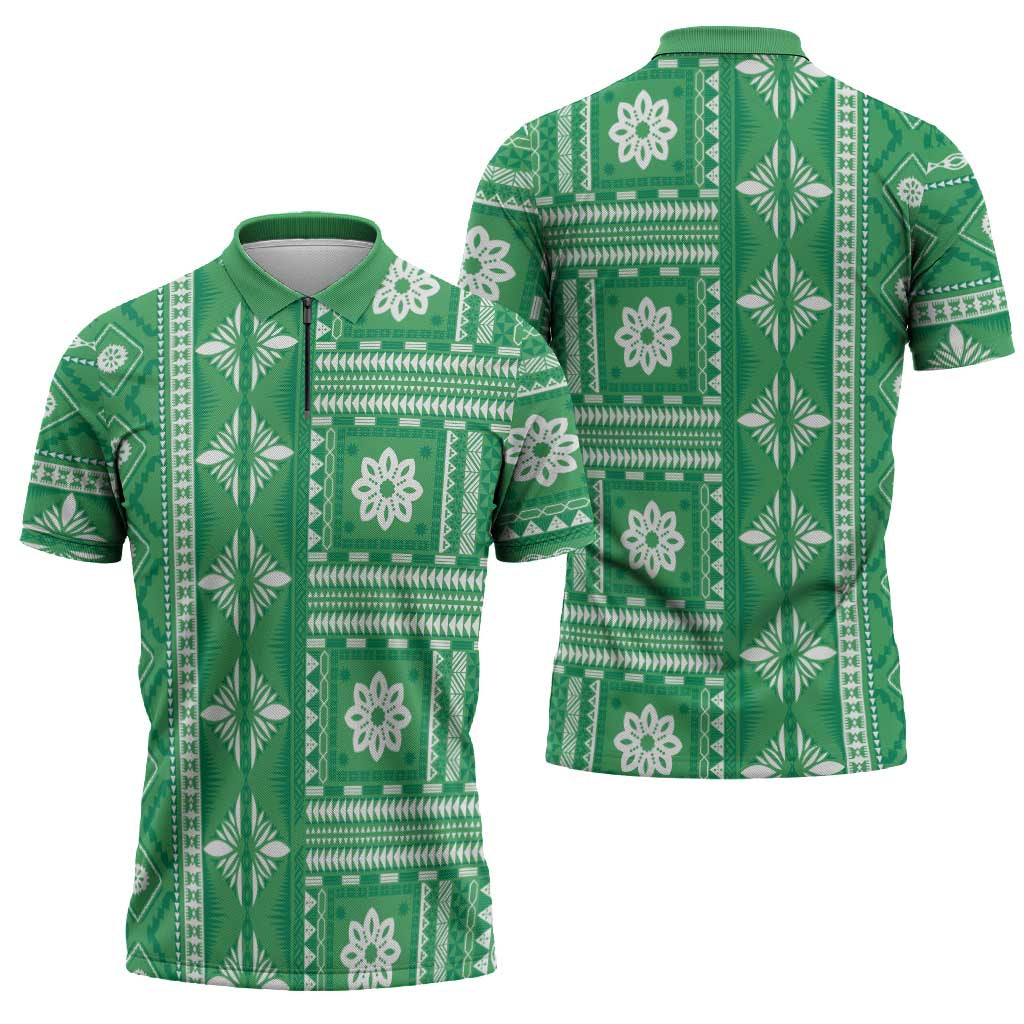 Fiji Masi All Green Zipper Polo Shirt Tapa Pattern - Polynesian Pride