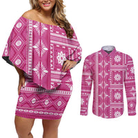 Fiji Masi All Pink Couples Matching Off Shoulder Short Dress and Long Sleeve Button Shirt Tapa Pattern - Polynesian Pride