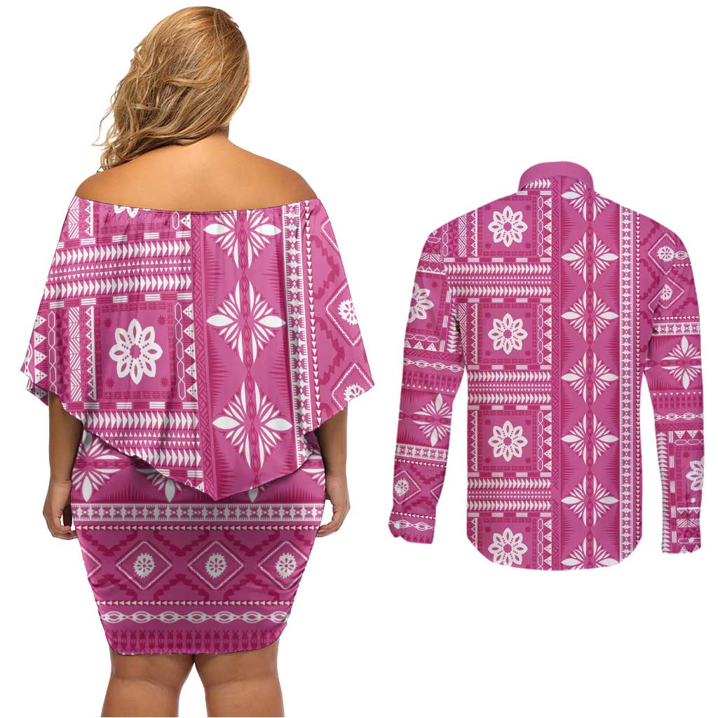 Fiji Masi All Pink Couples Matching Off Shoulder Short Dress and Long Sleeve Button Shirt Tapa Pattern - Polynesian Pride