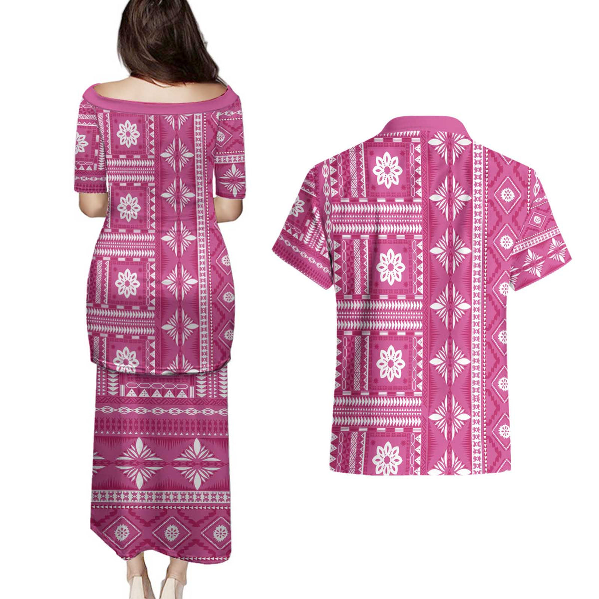 Fiji Masi All Pink Couples Matching Puletasi and Hawaiian Shirt Tapa Pattern - Polynesian Pride