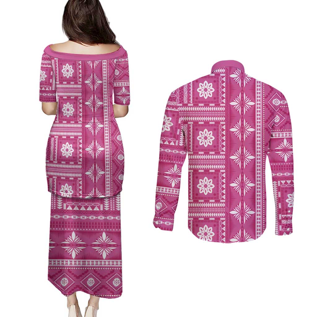 Fiji Masi All Pink Couples Matching Puletasi and Long Sleeve Button Shirt Tapa Pattern - Polynesian Pride