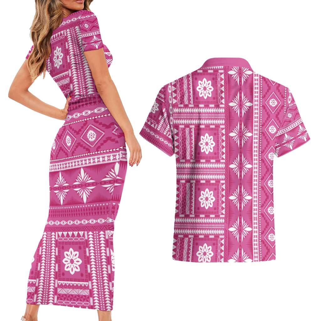 Fiji Masi All Pink Couples Matching Short Sleeve Bodycon Dress and Hawaiian Shirt Tapa Pattern - Polynesian Pride