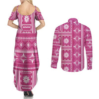 Fiji Masi All Pink Couples Matching Summer Maxi Dress and Long Sleeve Button Shirt Tapa Pattern - Polynesian Pride