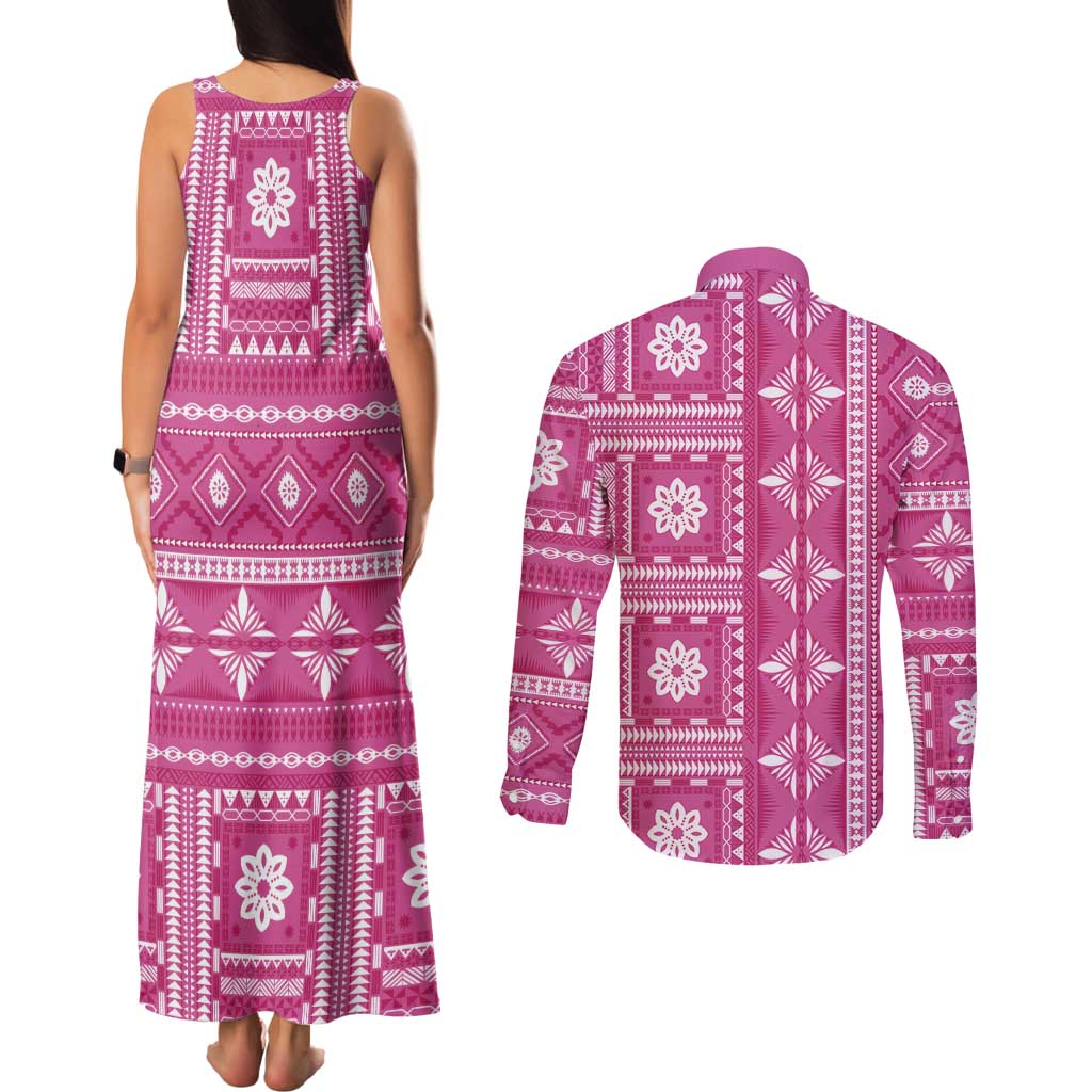 Fiji Masi All Pink Couples Matching Tank Maxi Dress and Long Sleeve Button Shirt Tapa Pattern - Polynesian Pride
