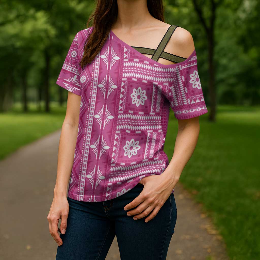 Fiji Masi All Pink Cross Shoulder Shirt Tapa Pattern - Polynesian Pride
