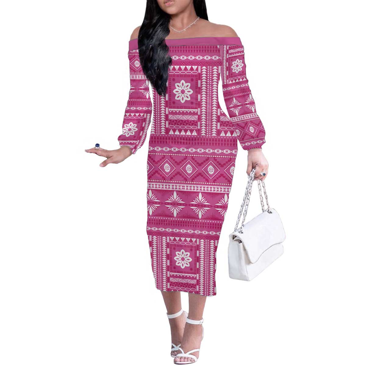 Fiji Masi All Pink Family Matching Off The Shoulder Long Sleeve Dress and Hawaiian Shirt Tapa Pattern - Polynesian Pride