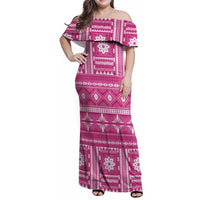 Fiji Masi All Pink Family Matching Off Shoulder Maxi Dress and Hawaiian Shirt Tapa Pattern - Polynesian Pride