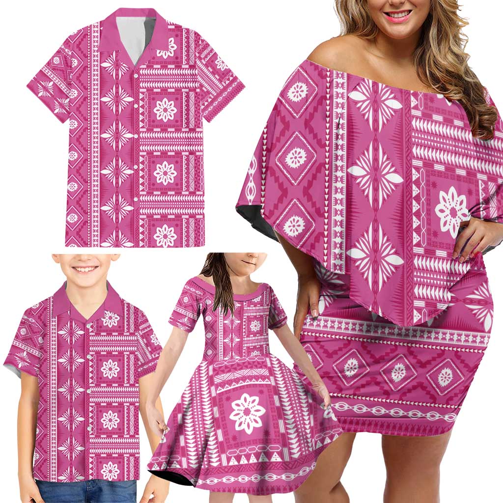Fiji Masi All Pink Family Matching Off Shoulder Short Dress and Hawaiian Shirt Tapa Pattern - Polynesian Pride