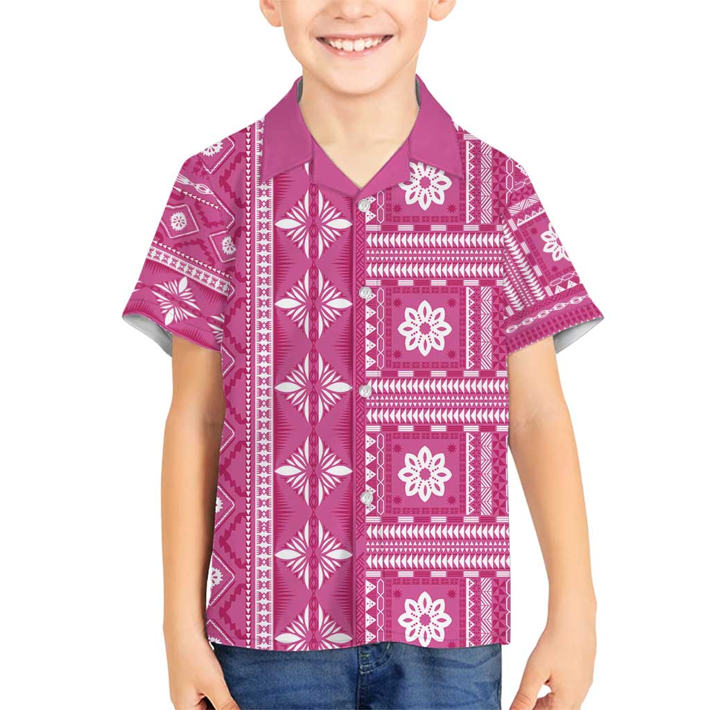 Fiji Masi All Pink Family Matching Off Shoulder Short Dress and Hawaiian Shirt Tapa Pattern - Polynesian Pride