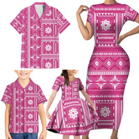 Fiji Masi All Pink Family Matching Short Sleeve Bodycon Dress and Hawaiian Shirt Tapa Pattern - Polynesian Pride