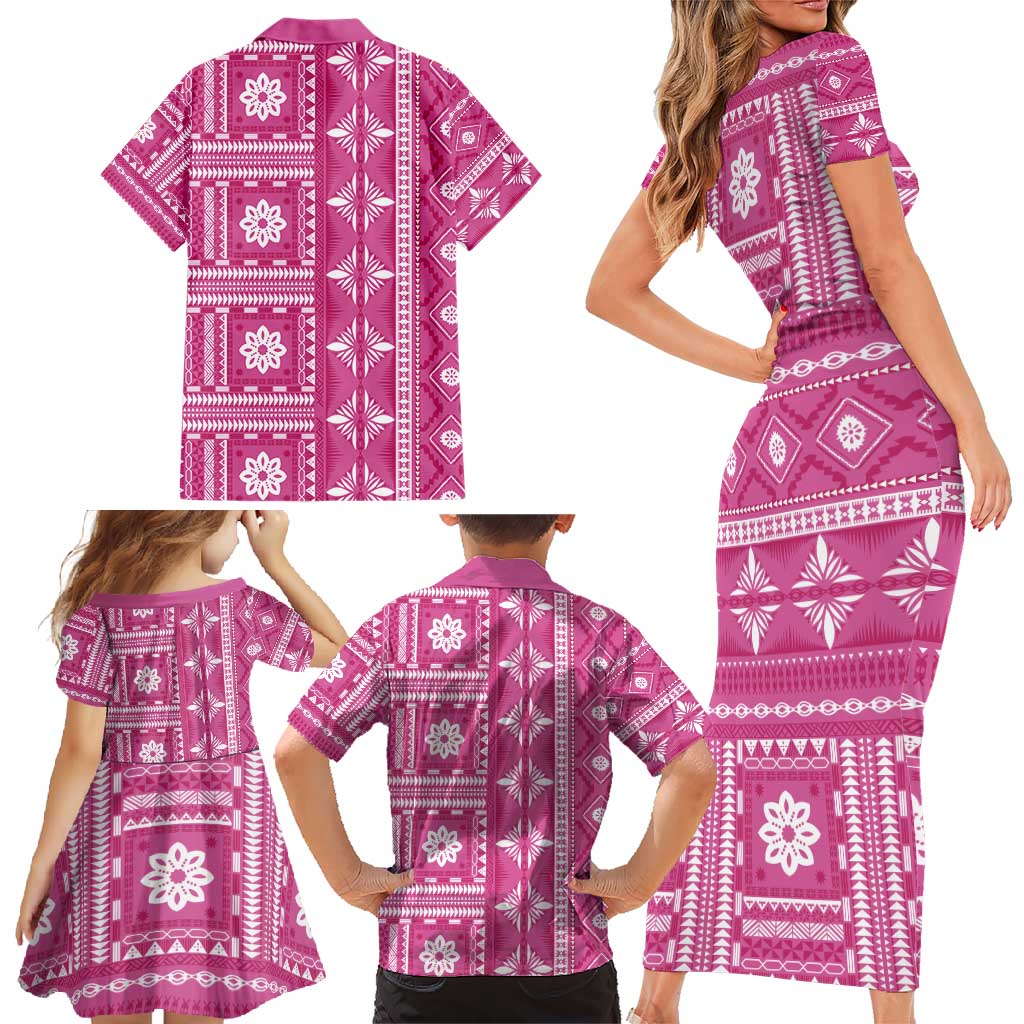 Fiji Masi All Pink Family Matching Short Sleeve Bodycon Dress and Hawaiian Shirt Tapa Pattern - Polynesian Pride