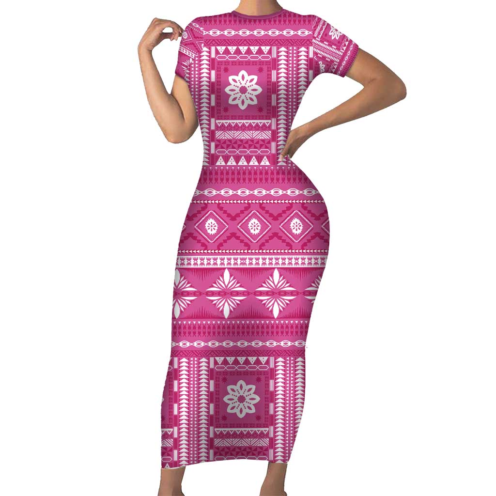 Fiji Masi All Pink Family Matching Short Sleeve Bodycon Dress and Hawaiian Shirt Tapa Pattern - Polynesian Pride