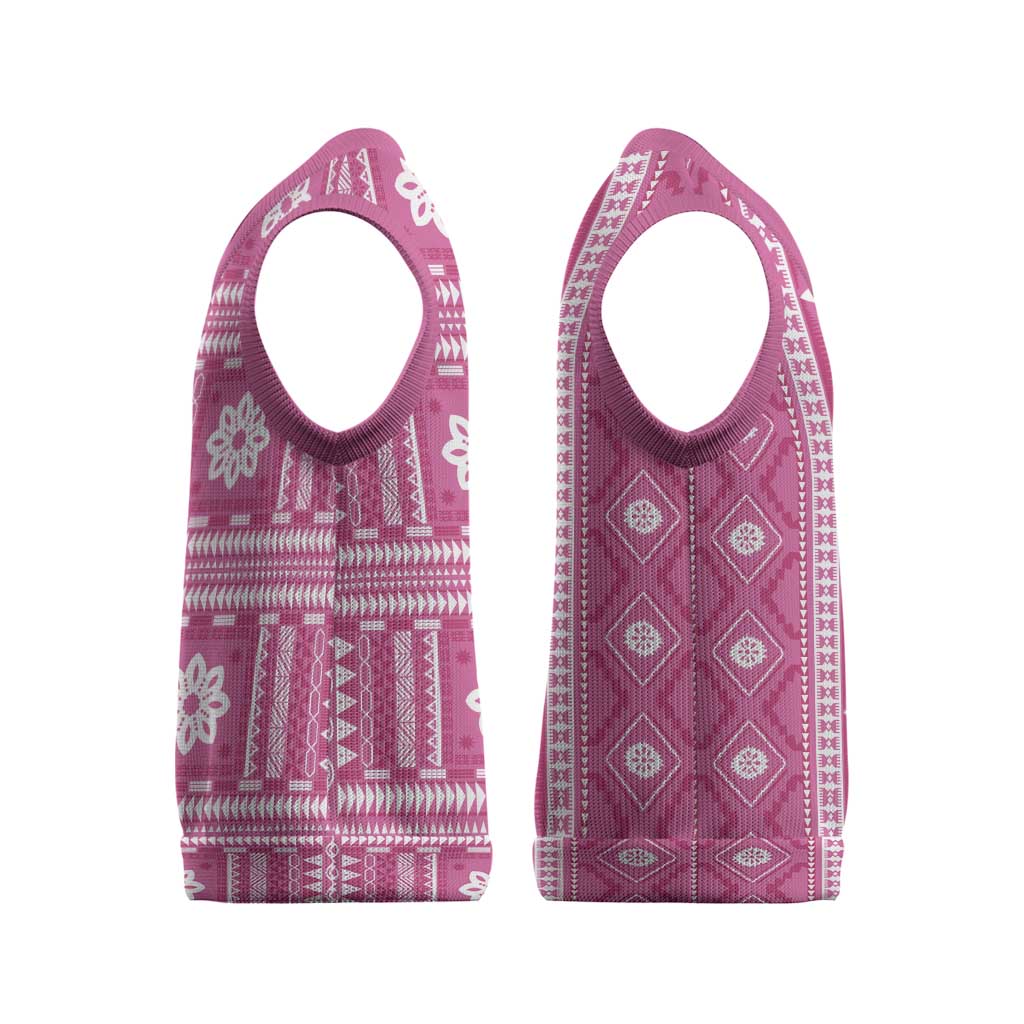 Fiji Masi All Pink Christmas Knitted V-Neck Vest Tapa Pattern - Polynesian Pride